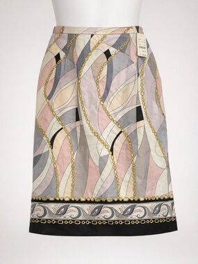 Isabel & Nina Vintage Satin Chain Print Skirt Size 4 Pink Gray Gold Lined NWT